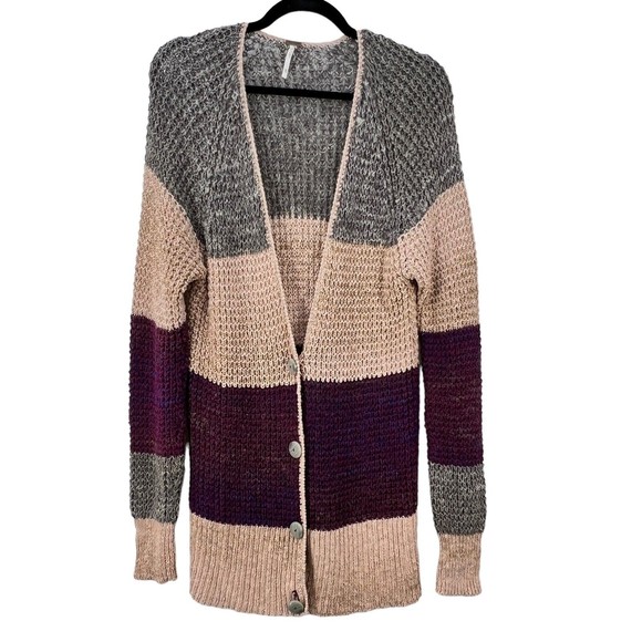 Free People Lake Tahoe Knit Button Down Color Block Gray Cardigan Sz. M - Picture 2 of 7
